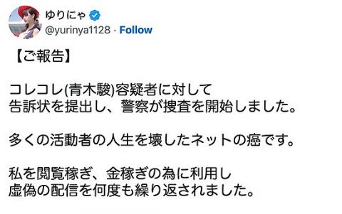 【悲報】インフルエンサーのゆりにゃさん、コレコレを刑事告訴し受理されたと発表