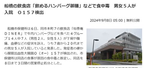 【悲報】人気飲食店「ほいよ、これが『飲めるハンバーグ御膳』ね」→食中毒で男女5人が入院へ…