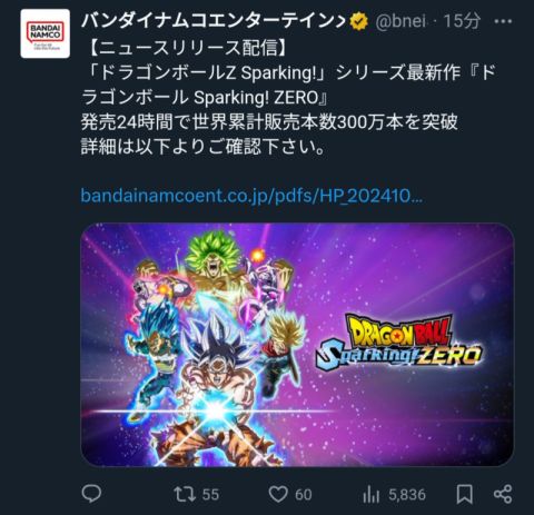 【朗報】ドラゴンボールスパーキングゼロ、発売24時間で300万本突破wwwww