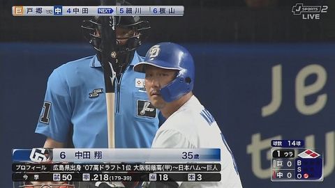 【中日対巨人14回戦】今日一軍復帰即4番の中田翔さん、第一打席1アウト1,2塁のチャンスでゲッツー…