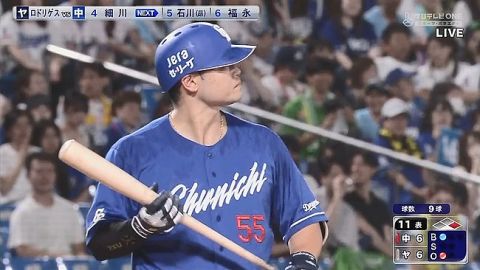 中日・細川成也　119安打(セリーグ1位)