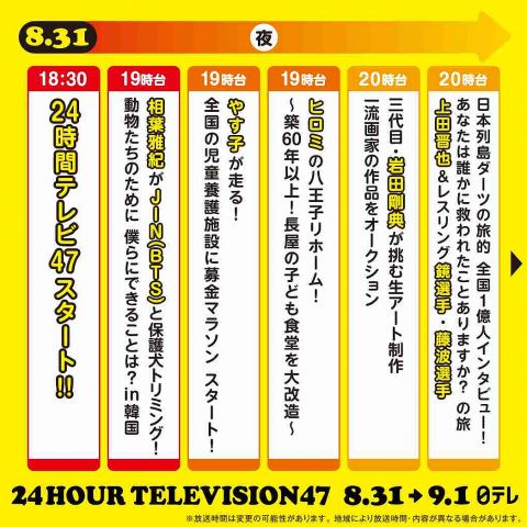 【24時間テレビ】タイムスケジュール発表 相葉雅紀の保護犬トリミング、岩田剛典の生アート制作など【タイムテーブル掲載】