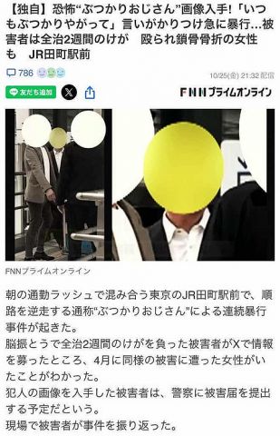 【画像】ぶつかりおじさん、男性殴られ女性は骨折してしまう事案発生